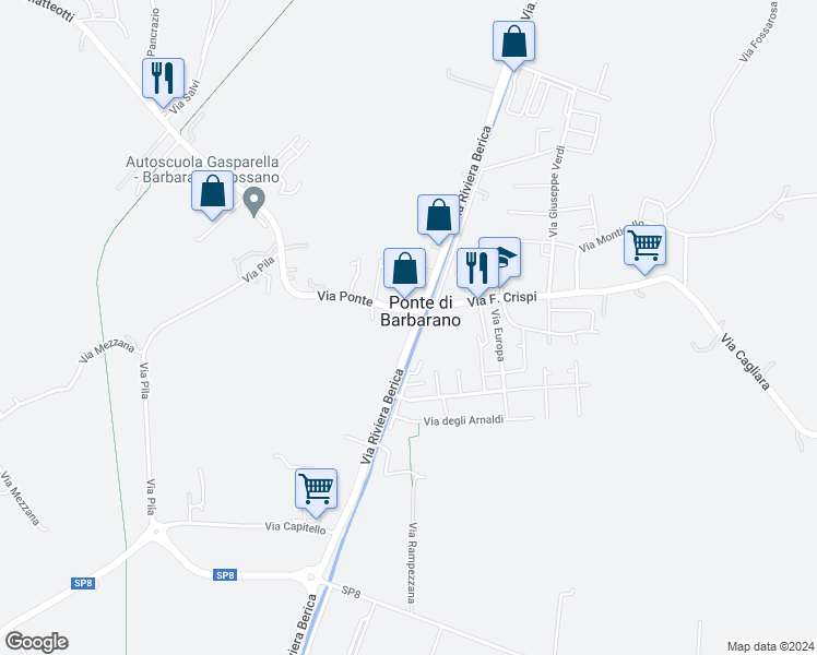 map of restaurants, bars, coffee shops, grocery stores, and more near 23 Via Riviera Berica in Ponte di Barbarano