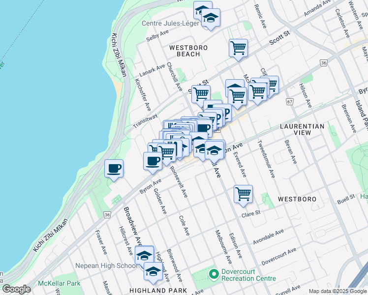 map of restaurants, bars, coffee shops, grocery stores, and more near in Ottawa