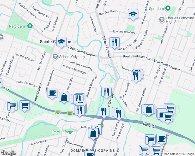 map of restaurants, bars, coffee shops, grocery stores, and more near 1325 Rue des Mouettes in Sainte-Catherine