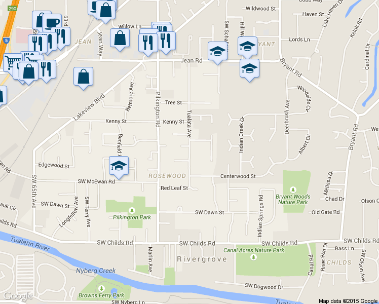 map of restaurants, bars, coffee shops, grocery stores, and more near 18640 Southwest Tualata Avenue in Lake Oswego