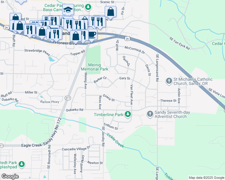 map of restaurants, bars, coffee shops, grocery stores, and more near 39590 Barker Court in Sandy