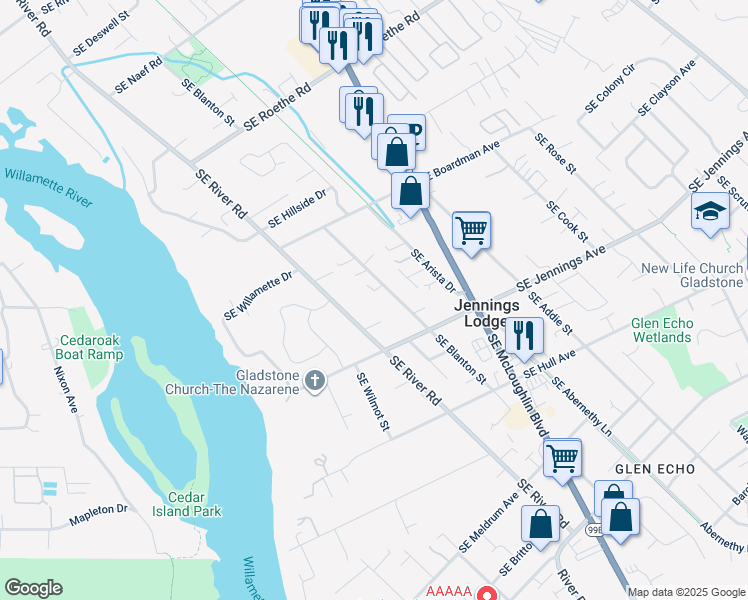 map of restaurants, bars, coffee shops, grocery stores, and more near 18260 Southeast River Road in Milwaukie