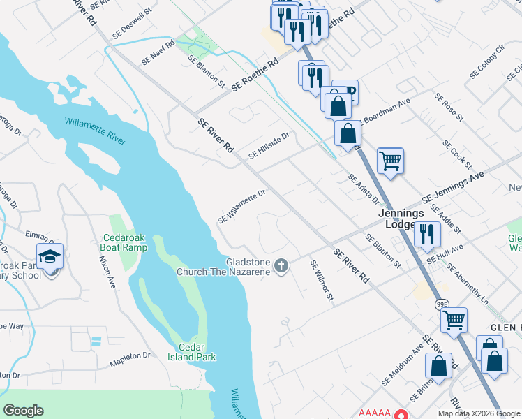 map of restaurants, bars, coffee shops, grocery stores, and more near 4280 Southeast Faith Avenue in Milwaukie