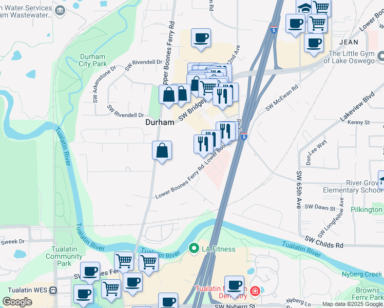 map of restaurants, bars, coffee shops, grocery stores, and more near 18079 Southwest Lower Boones Ferry Road in Portland