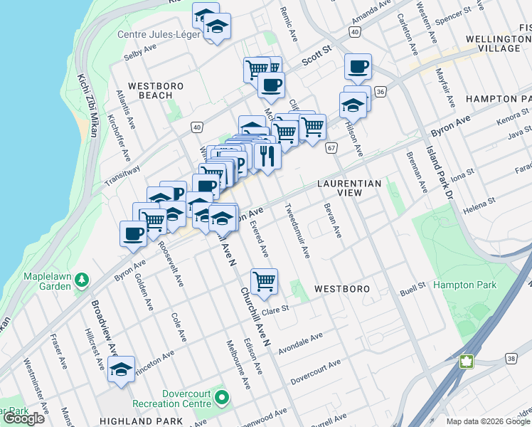 map of restaurants, bars, coffee shops, grocery stores, and more near in Ottawa