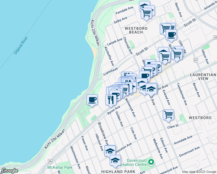 map of restaurants, bars, coffee shops, grocery stores, and more near 374 Berkley Avenue in Ottawa