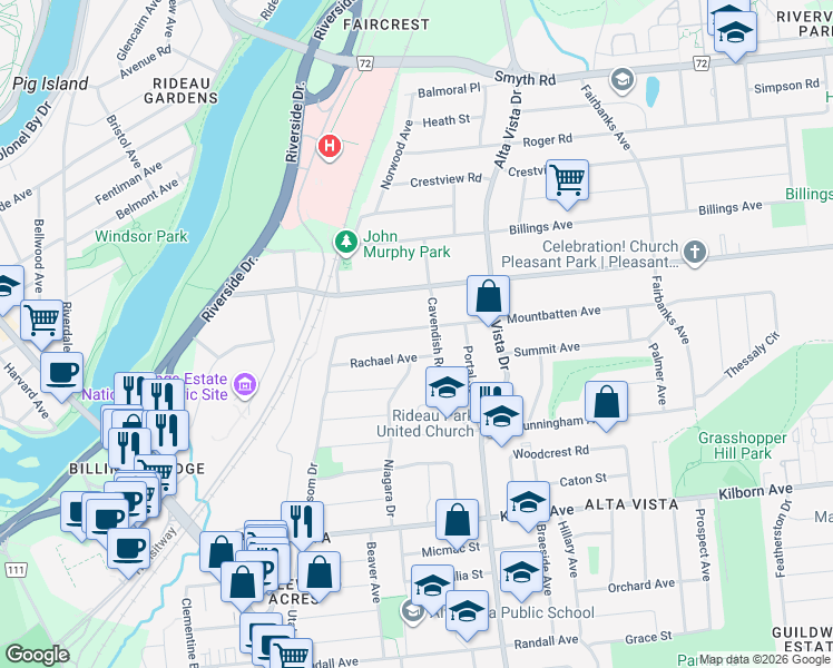 map of restaurants, bars, coffee shops, grocery stores, and more near 190 Mountbatten Avenue in Ottawa