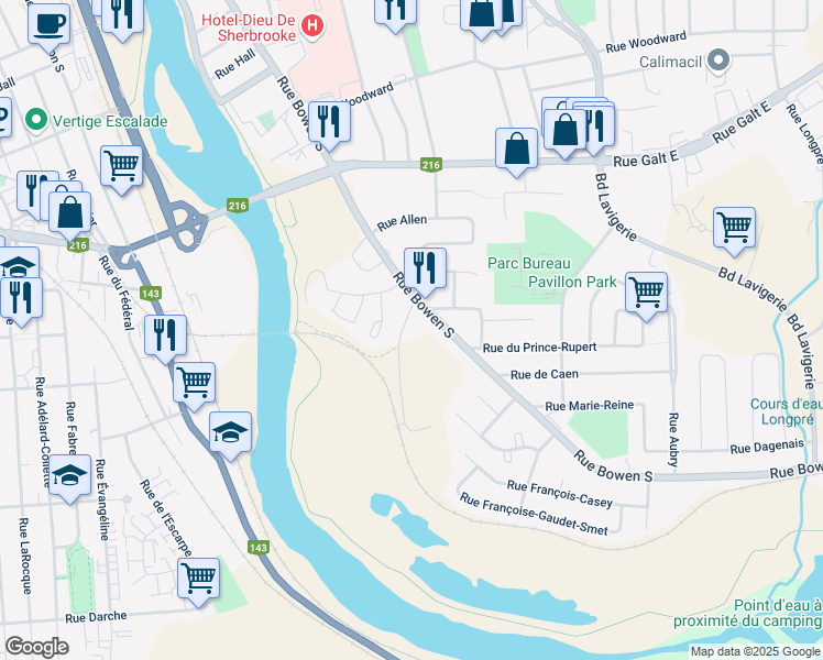 map of restaurants, bars, coffee shops, grocery stores, and more near 930 Rue Talbot in Sherbrooke