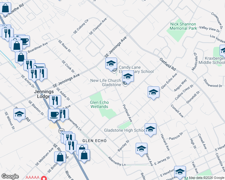 map of restaurants, bars, coffee shops, grocery stores, and more near 5905 Southeast Angel Lane in Milwaukie