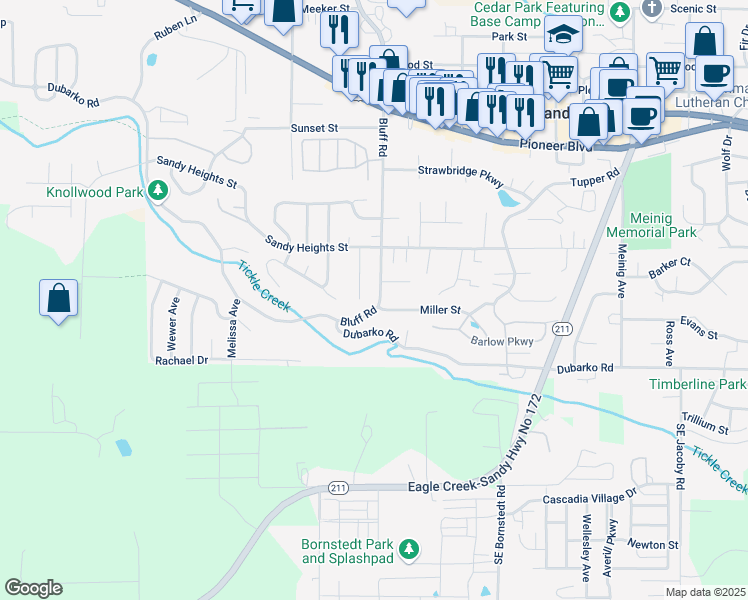 map of restaurants, bars, coffee shops, grocery stores, and more near 18237 Bluff Road in Sandy