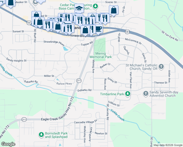 map of restaurants, bars, coffee shops, grocery stores, and more near 18167 Meinig Avenue in Sandy