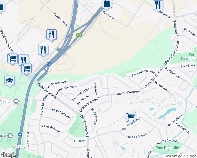 map of restaurants, bars, coffee shops, grocery stores, and more near 46 Avenue Aberdeen in Candiac