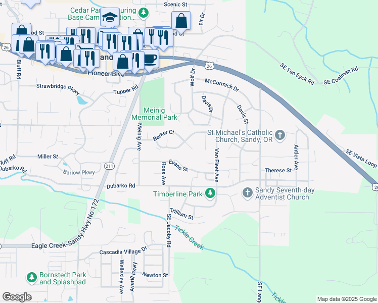 map of restaurants, bars, coffee shops, grocery stores, and more near 39590 Barker Court in Sandy