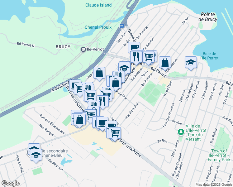map of restaurants, bars, coffee shops, grocery stores, and more near 353 Grand Boulevard in L'Île-Perrot