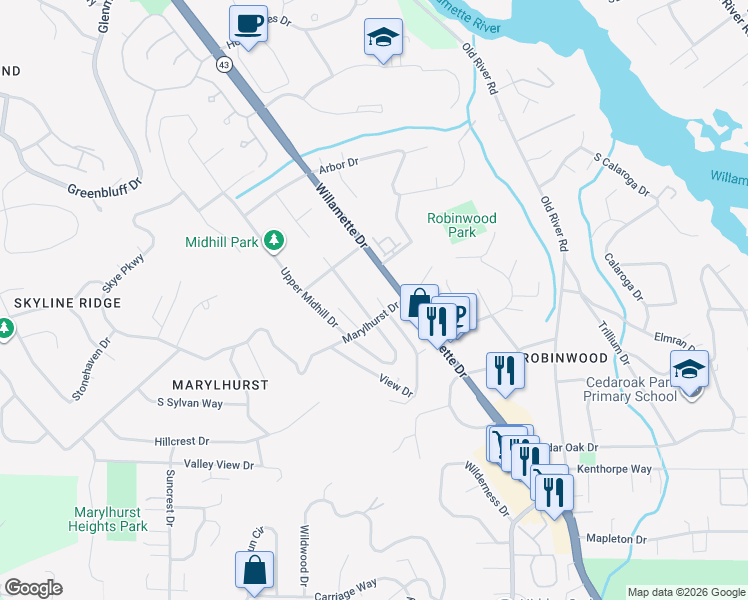 map of restaurants, bars, coffee shops, grocery stores, and more near 2797 Marylhurst Drive in West Linn