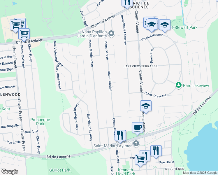 map of restaurants, bars, coffee shops, grocery stores, and more near 99 Chemin Garden in Gatineau