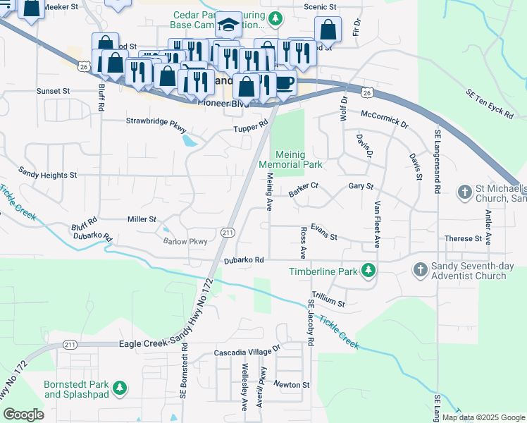 map of restaurants, bars, coffee shops, grocery stores, and more near 18167 Meinig Avenue in Sandy