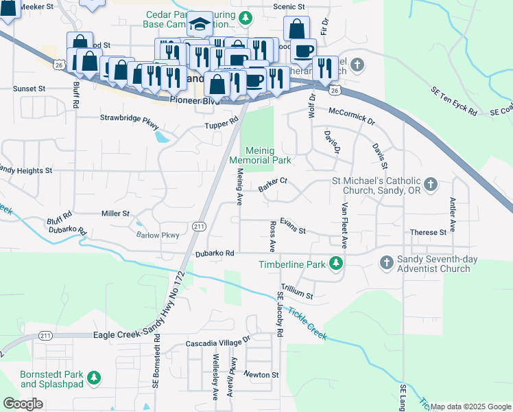 map of restaurants, bars, coffee shops, grocery stores, and more near 39315 Evans Street in Sandy