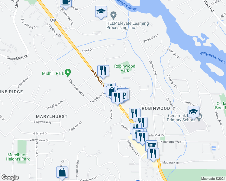 map of restaurants, bars, coffee shops, grocery stores, and more near 18612 Willamette Drive in West Linn