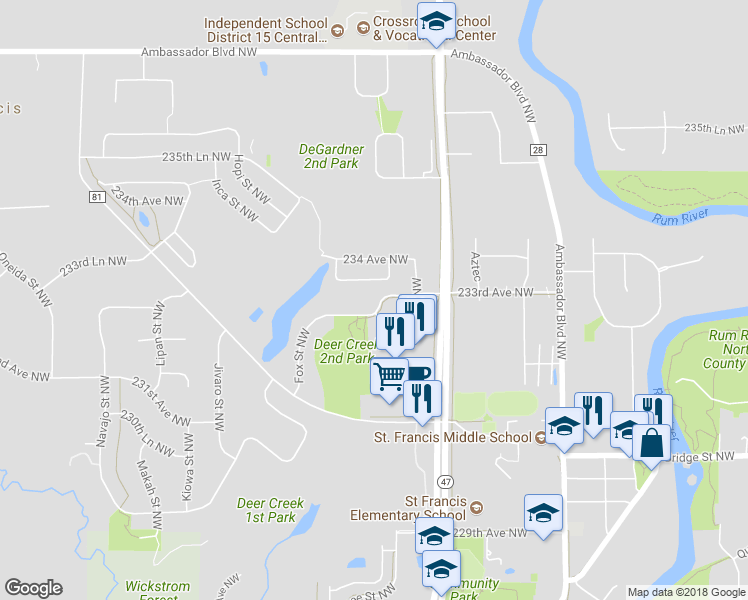 map of restaurants, bars, coffee shops, grocery stores, and more near 4111 232nd Avenue Northwest in St. Francis
