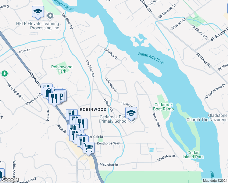 map of restaurants, bars, coffee shops, grocery stores, and more near 4668 Calaroga Drive in West Linn