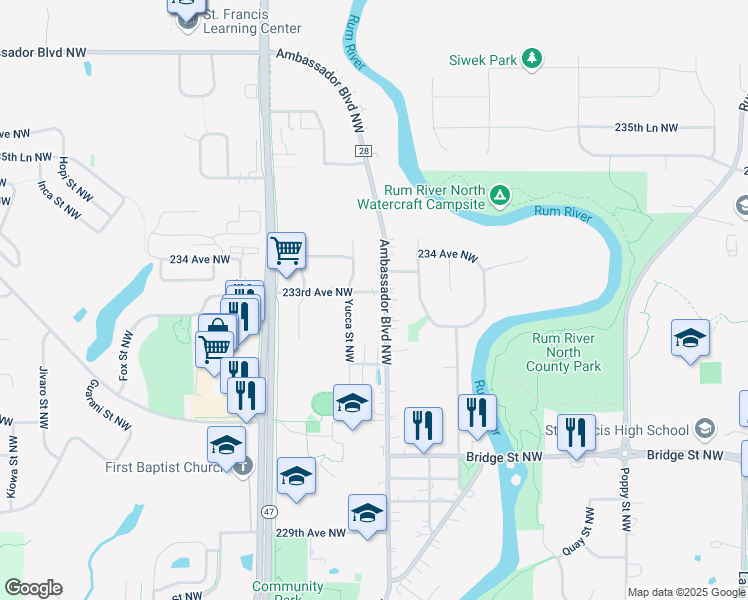 map of restaurants, bars, coffee shops, grocery stores, and more near 23250 Ambassador Boulevard Northwest in Saint Francis