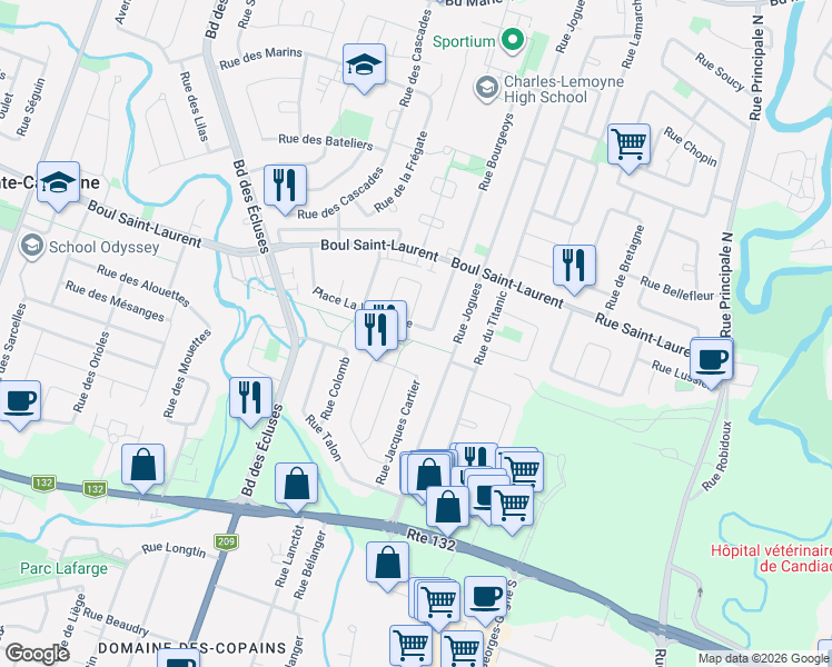 map of restaurants, bars, coffee shops, grocery stores, and more near Boulevard Saint-Laurent in Sainte-Catherine