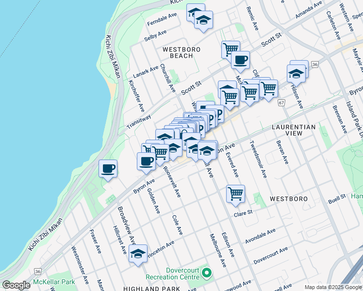 map of restaurants, bars, coffee shops, grocery stores, and more near 366 Richmond Road in Ottawa