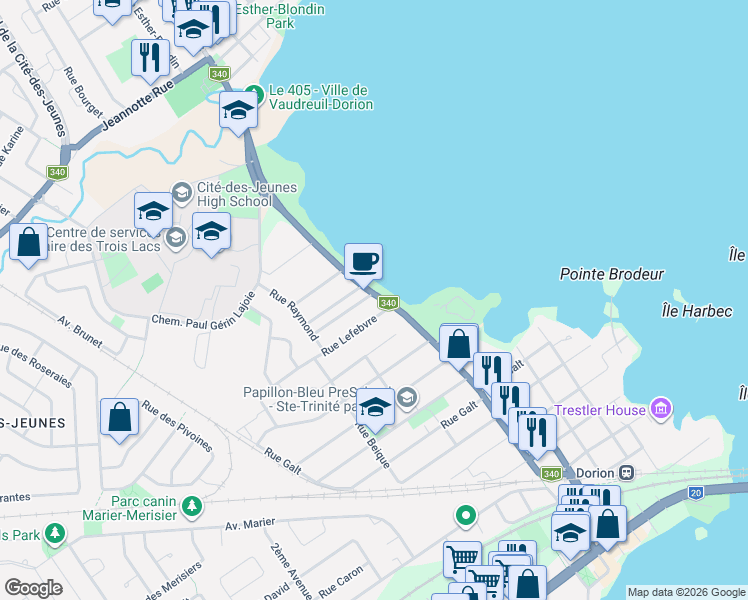 map of restaurants, bars, coffee shops, grocery stores, and more near 119 Rue Brabant in Vaudreuil-Dorion