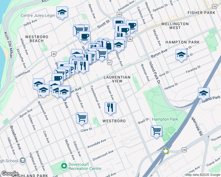 map of restaurants, bars, coffee shops, grocery stores, and more near 465 Bevan Avenue in Ottawa