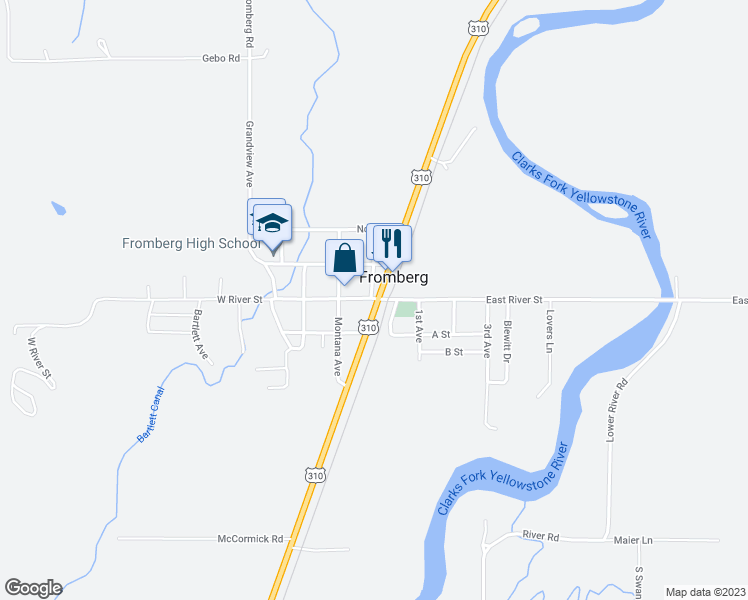 map of restaurants, bars, coffee shops, grocery stores, and more near Harley Ave & River St in Fromberg