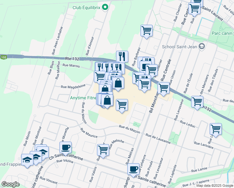 map of restaurants, bars, coffee shops, grocery stores, and more near 524 Voie de Desserte de la Route 132 in Saint-Constant