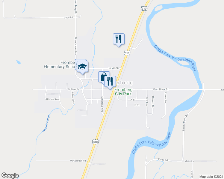 map of restaurants, bars, coffee shops, grocery stores, and more near 123 River St in Fromberg