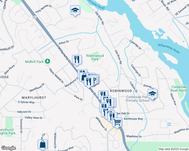 map of restaurants, bars, coffee shops, grocery stores, and more near 18485 Vista Court in West Linn