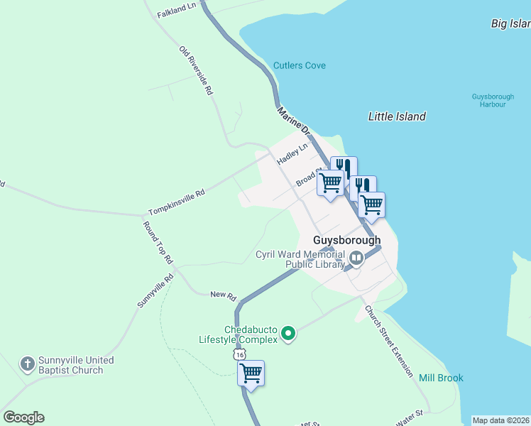 map of restaurants, bars, coffee shops, grocery stores, and more near 107 Prince Street in Guysborough