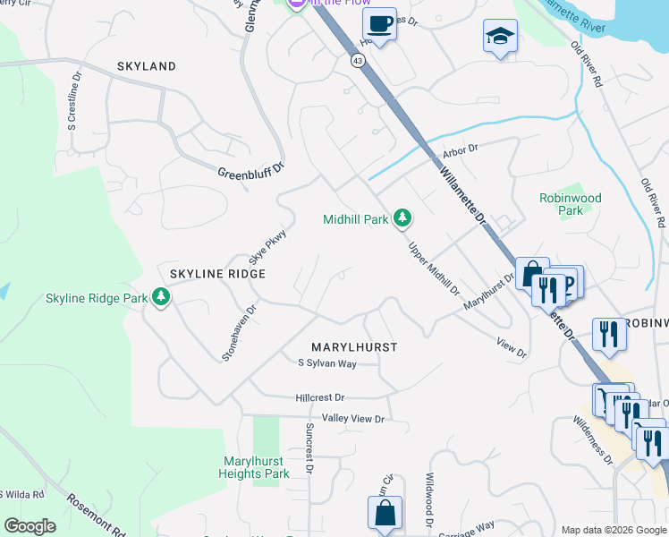 map of restaurants, bars, coffee shops, grocery stores, and more near 2157 Marylwood Court in West Linn