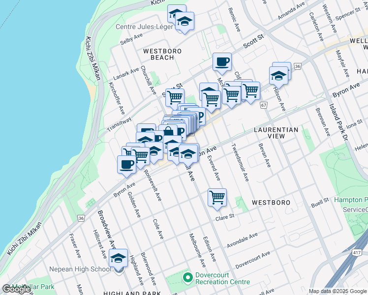 map of restaurants, bars, coffee shops, grocery stores, and more near 437 Churchill Avenue North in Ottawa