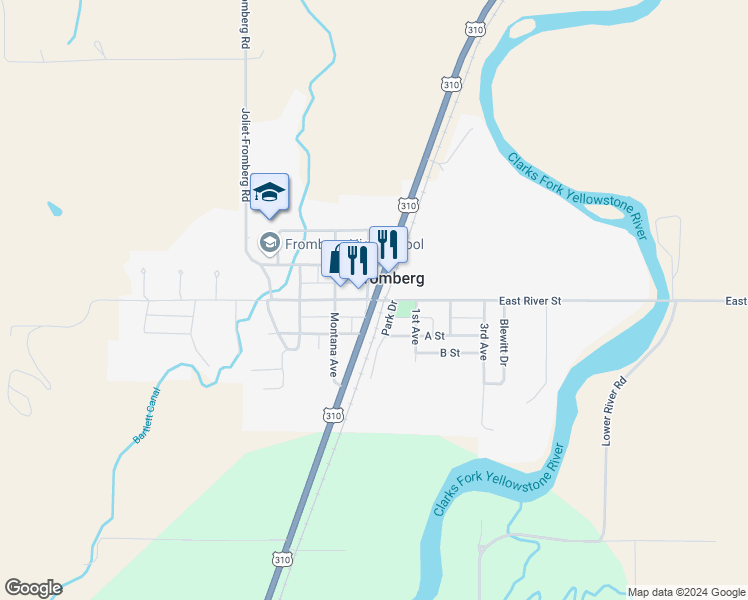 map of restaurants, bars, coffee shops, grocery stores, and more near in Fromberg
