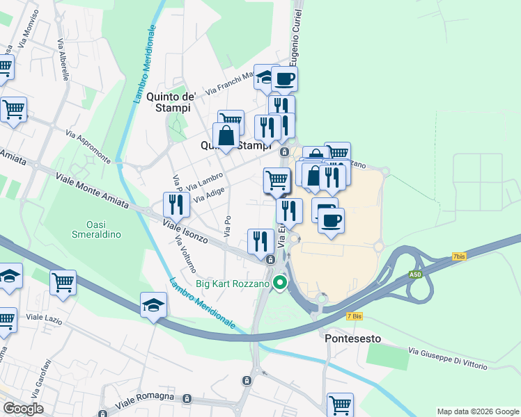 map of restaurants, bars, coffee shops, grocery stores, and more near 194/F Via Eugenio Curiel in Rozzano