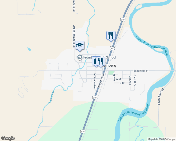 map of restaurants, bars, coffee shops, grocery stores, and more near 215 West River Street in Fromberg