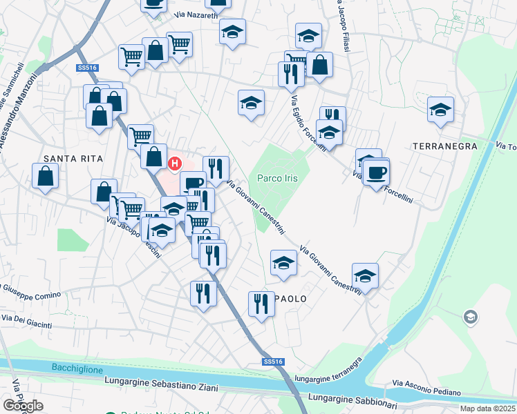 map of restaurants, bars, coffee shops, grocery stores, and more near 113 Via Giovanni Canestrini in Padua