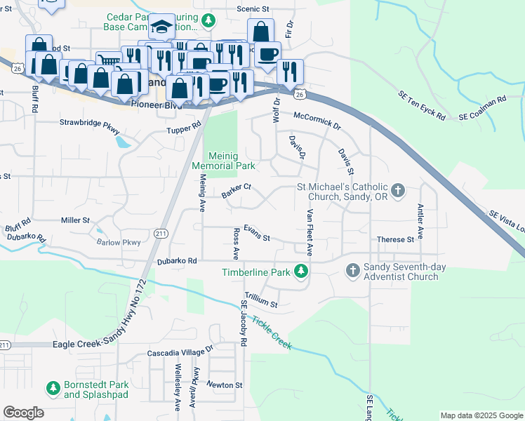 map of restaurants, bars, coffee shops, grocery stores, and more near 39590 Barker Court in Sandy
