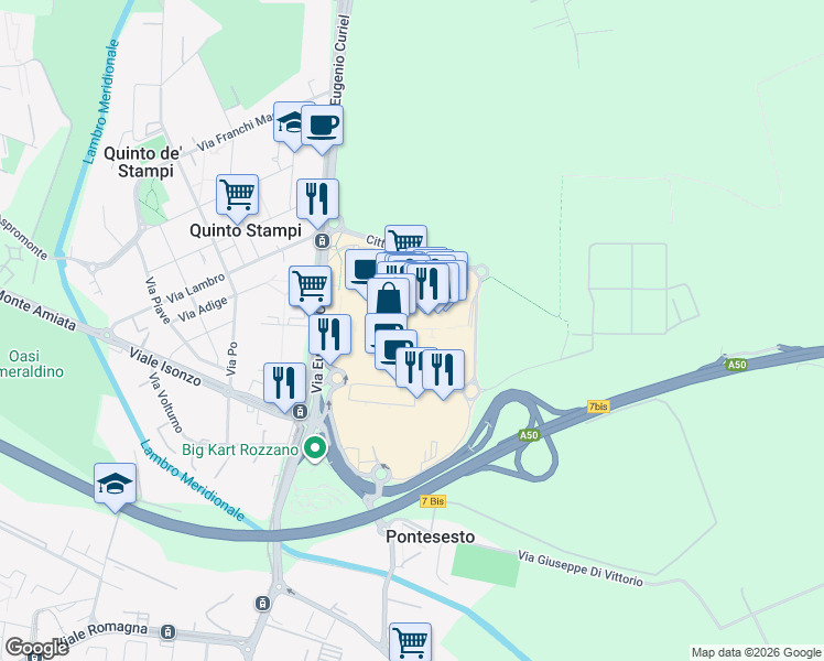 map of restaurants, bars, coffee shops, grocery stores, and more near 25 Via Eugenio Curiel in Rozzano