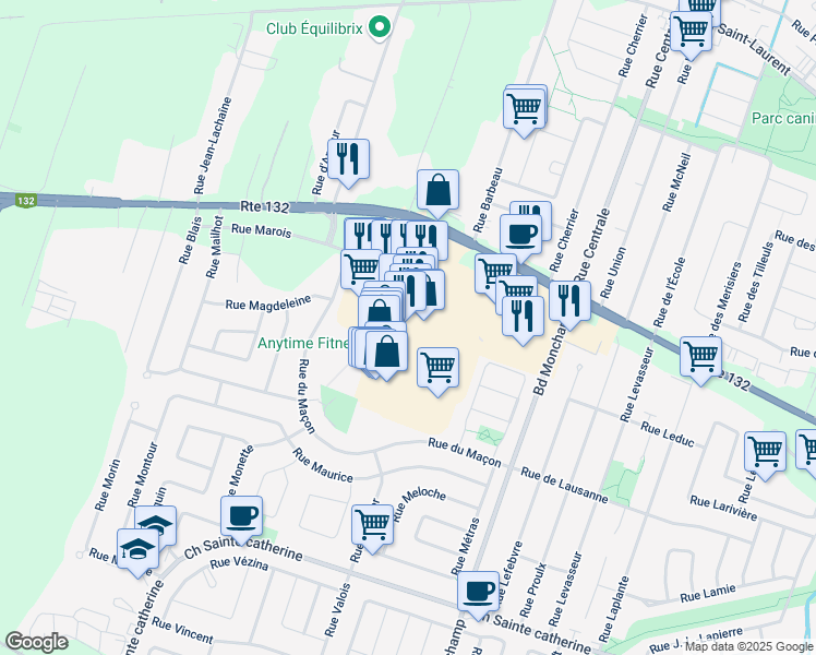 map of restaurants, bars, coffee shops, grocery stores, and more near 524 Voie de Desserte de la Route 132 in Saint-Constant