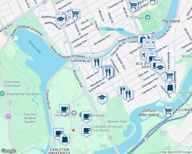 map of restaurants, bars, coffee shops, grocery stores, and more near 46 Carlyle Avenue in Ottawa