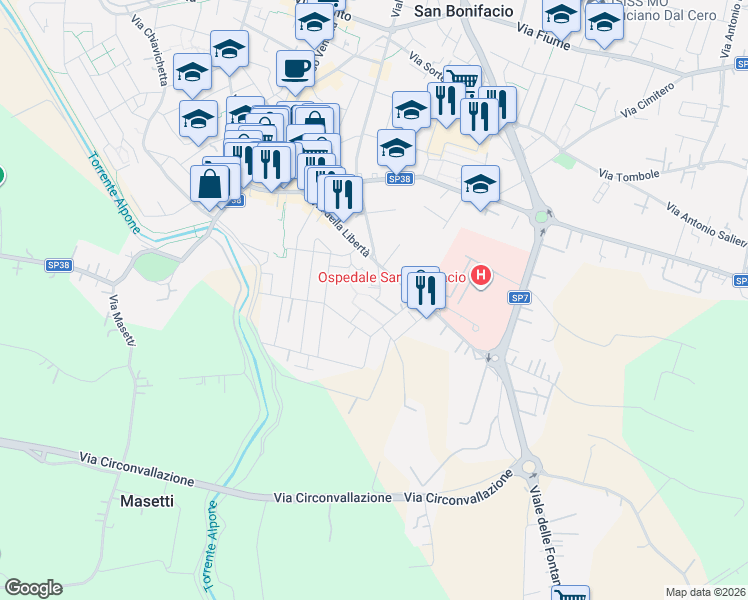 map of restaurants, bars, coffee shops, grocery stores, and more near 7 Via Asiago in San Bonifacio