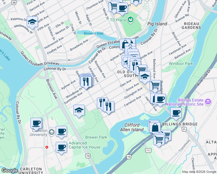 map of restaurants, bars, coffee shops, grocery stores, and more near 94 Hopewell Avenue in Ottawa