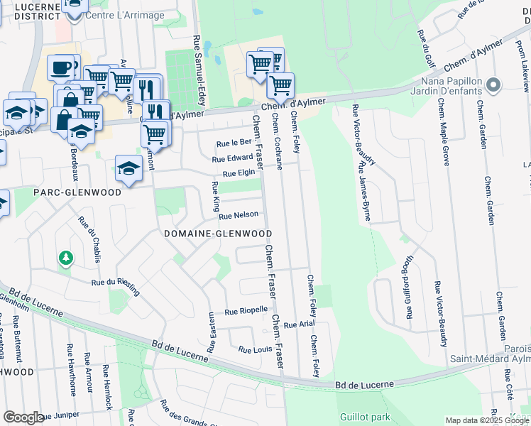 map of restaurants, bars, coffee shops, grocery stores, and more near 283 Chemin Fraser in Aylmer