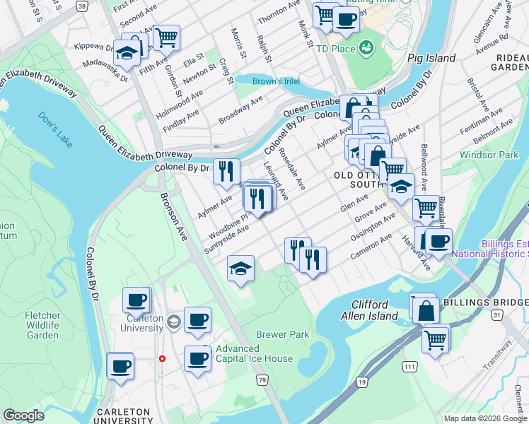 map of restaurants, bars, coffee shops, grocery stores, and more near 427 Sunnyside Avenue in Ottawa