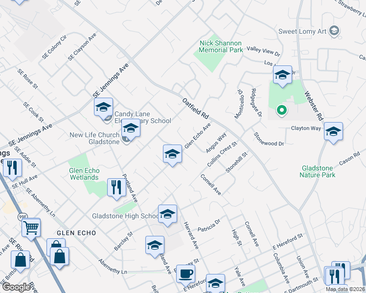 map of restaurants, bars, coffee shops, grocery stores, and more near 6521 Glen Echo Avenue in Gladstone
